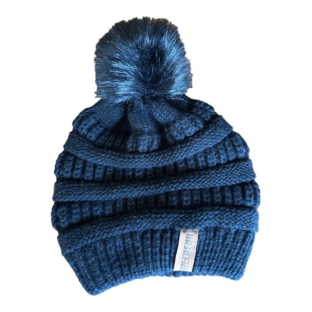 QUEENFUR‎ BEANIES- 1)Solid Black & 1) Solid Brown- both with removable pom poms